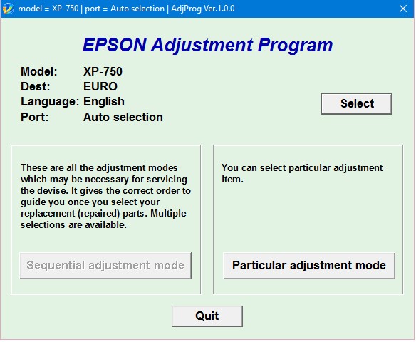 Epson XP 750 Adjustment